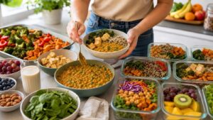 Home cook preparing varied vegan meals with tofu lentil curry grain bowls vegetables fruit and plant milk