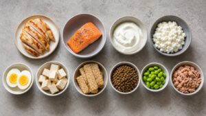 Equal serving dishes of chicken salmon Greek yogurt tofu lentils eggs edamame cottage cheese and seitan