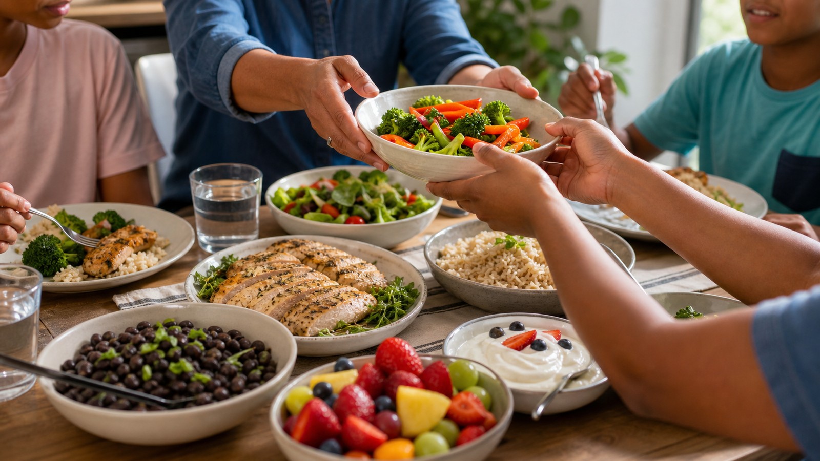 Family-style DASH meal with baked chicken brown rice black beans vegetables fruit and plain yogurt
