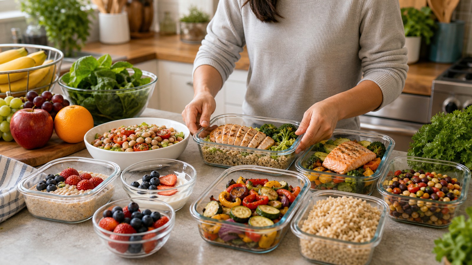 Home cook organizing varied DASH meals with oats berries bean salad chicken fish brown rice vegetables fruit and yogurt