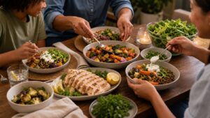 Plant-forward grain bowls with lentils vegetables herbs yogurt sauce and optional grilled chicken