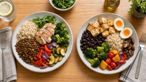 Two balanced weight-loss-friendly meals comparing flexitarian and vegetarian plates