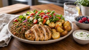 Satisfying high-protein weight-loss meal with grilled fish lentils vegetables potatoes and yogurt sauce