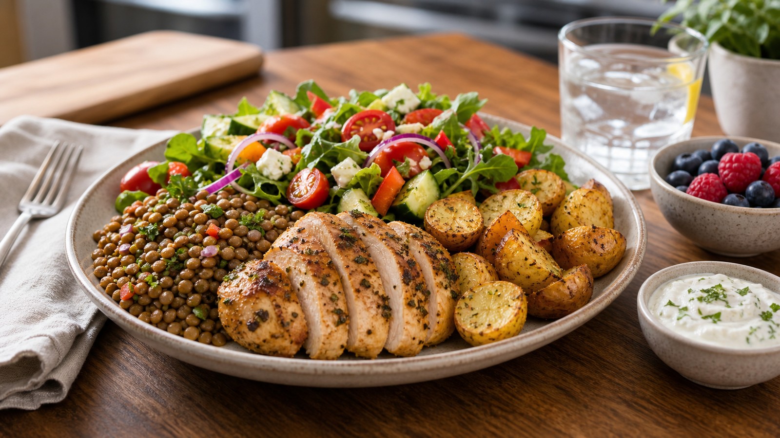 Satisfying high-protein weight-loss meal with grilled fish lentils vegetables potatoes and yogurt sauce