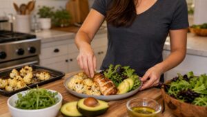 Home cook plating roasted chicken cauliflower leafy salad avocado and olive oil dressing for a keto dinner