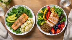 Two balanced low-carbohydrate plates comparing strict keto foods with a more flexible meal including lentils and berries