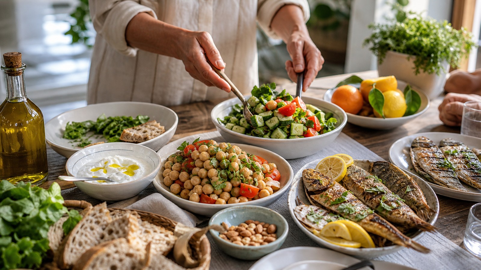 Sunlit Mediterranean-style family meal with vegetables chickpeas fish whole grains olive oil and herbs
