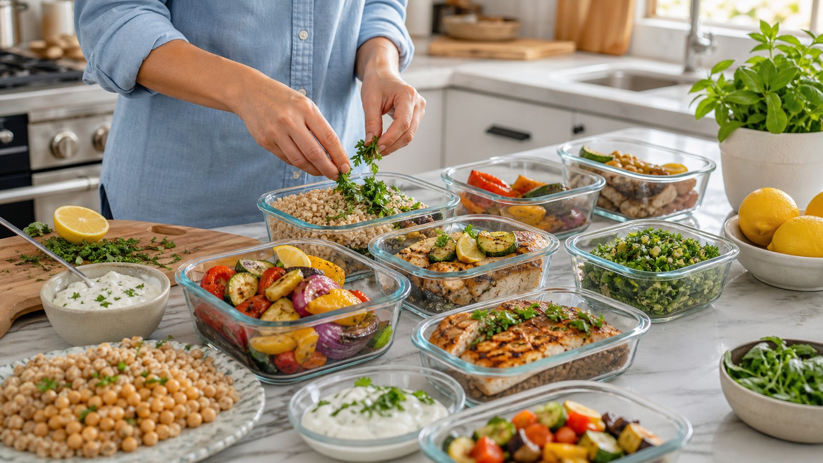 Home cook portioning Mediterranean meals with vegetables grains chickpeas fish herbs and yogurt sauce