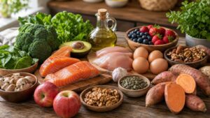 Paleo food assortment with fish eggs chicken vegetables sweet potatoes fruit nuts seeds avocado and olive oil