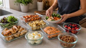 Home cook assembling varied Paleo meals with chicken salmon sweet potatoes vegetables eggs berries and nuts