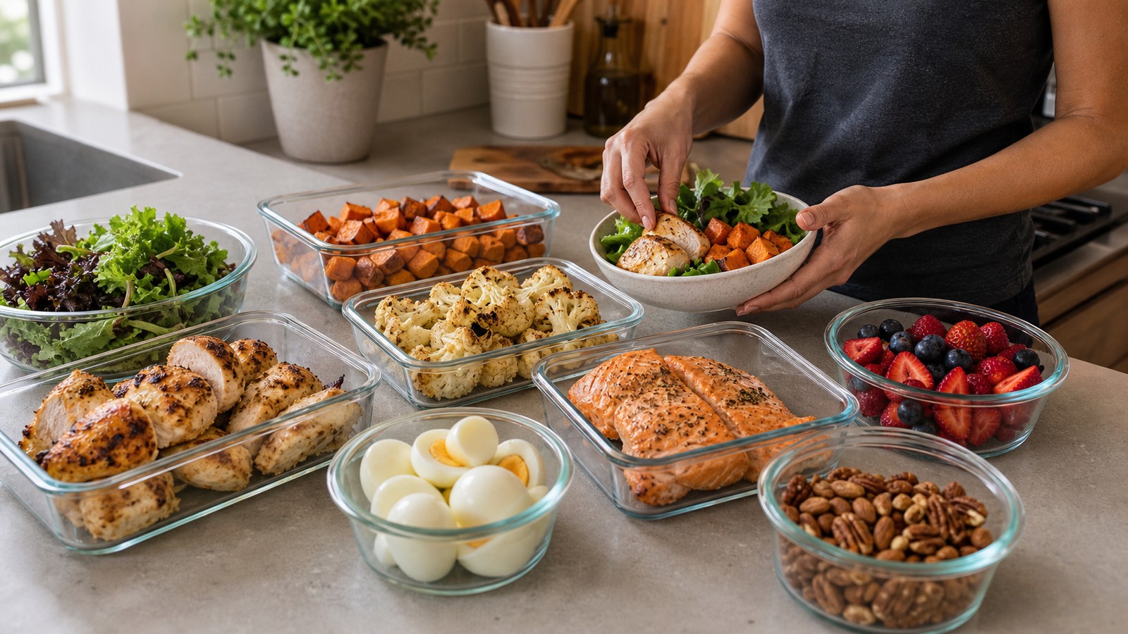 Home cook assembling varied Paleo meals with chicken salmon sweet potatoes vegetables eggs berries and nuts
