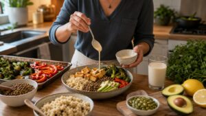 Home cook plating a vegan bowl with tofu lentils quinoa vegetables avocado and tahini sauce