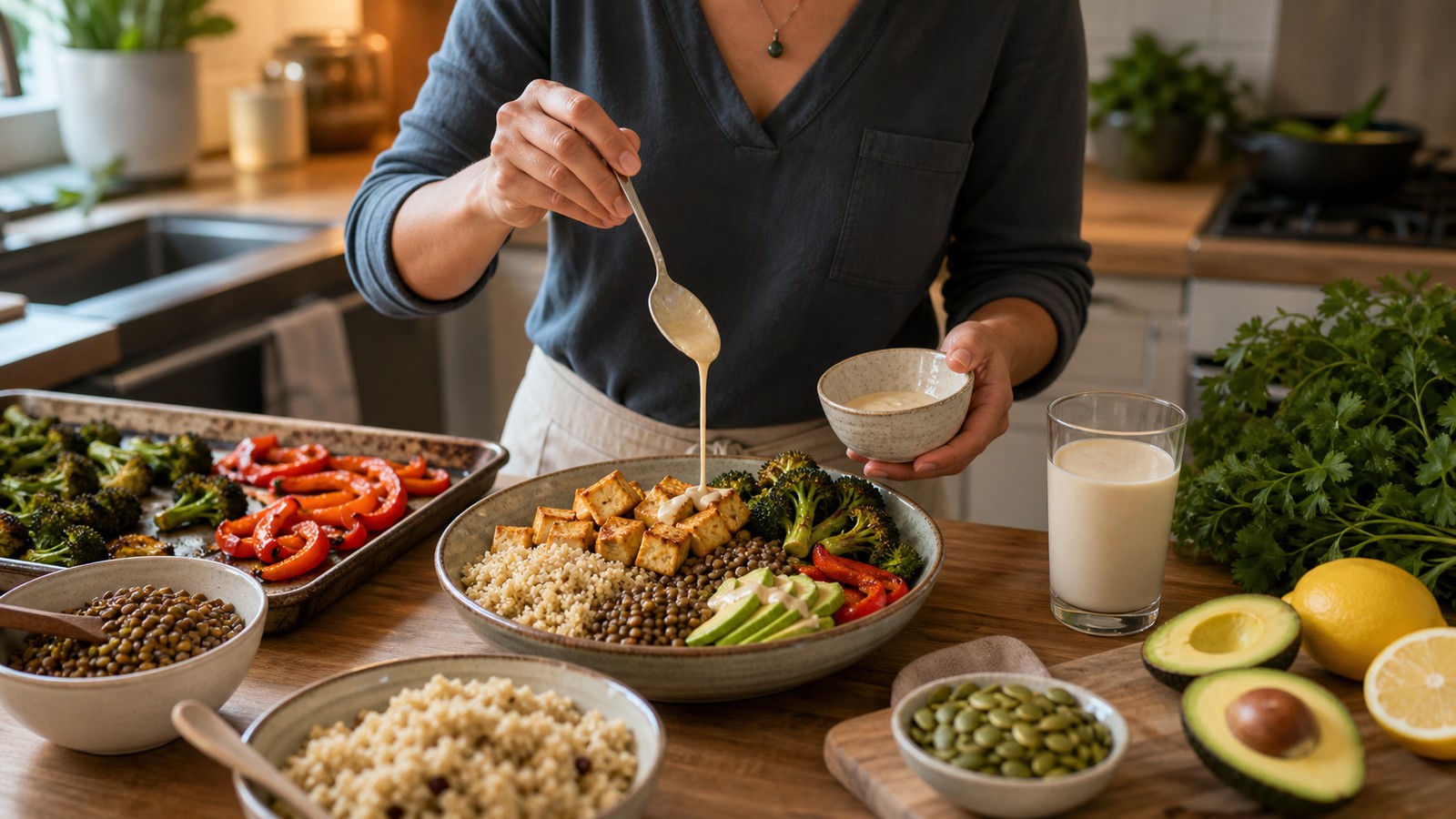 Home cook plating a vegan bowl with tofu lentils quinoa vegetables avocado and tahini sauce