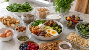 Complete vegetarian bowl surrounded by tofu lentils eggs yogurt chickpeas grains vegetables berries nuts and seeds