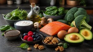 Ketogenic food assortment with salmon eggs avocado olive oil greens vegetables nuts yogurt and berries