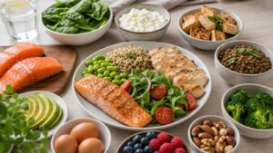 Balanced high-protein meal with salmon chicken tofu lentils edamame yogurt eggs grains vegetables berries and nuts