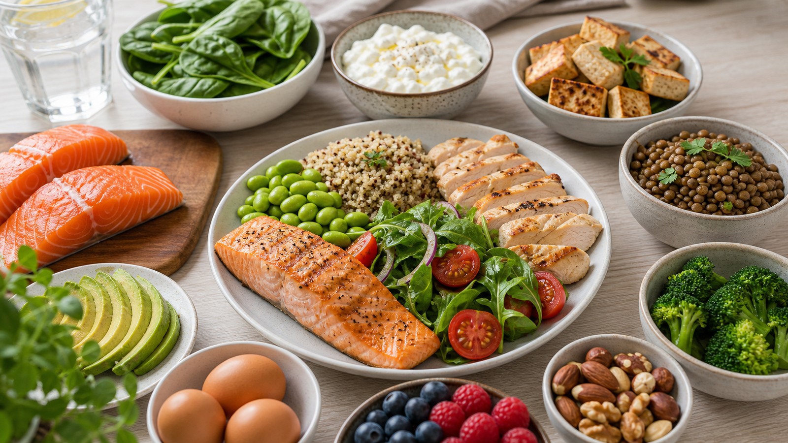 Balanced high-protein meal with salmon chicken tofu lentils edamame yogurt eggs grains vegetables berries and nuts