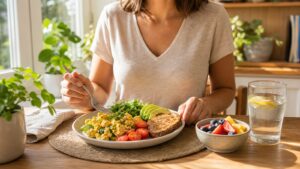 Balanced first meal after a fasting interval with eggs beans whole-grain toast vegetables avocado fruit and water