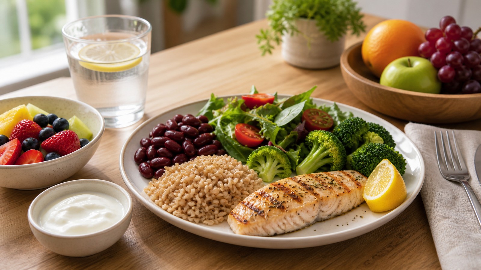 Balanced DASH plate with grilled fish whole grain beans leafy greens tomatoes broccoli fruit and yogurt