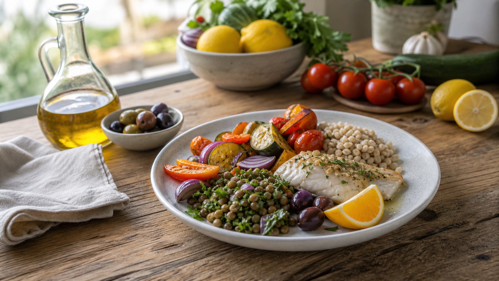 Mediterranean-style lunch plate with lentils roasted vegetables fish whole grains olives and citrus