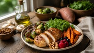 Modern Paleo-inspired plate with roasted chicken sweet potatoes Brussels sprouts greens mushrooms berries and walnuts