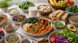 Vegan food collection with beans lentils tofu tempeh grains plant milk vegetables fruit nuts seeds avocado and curry