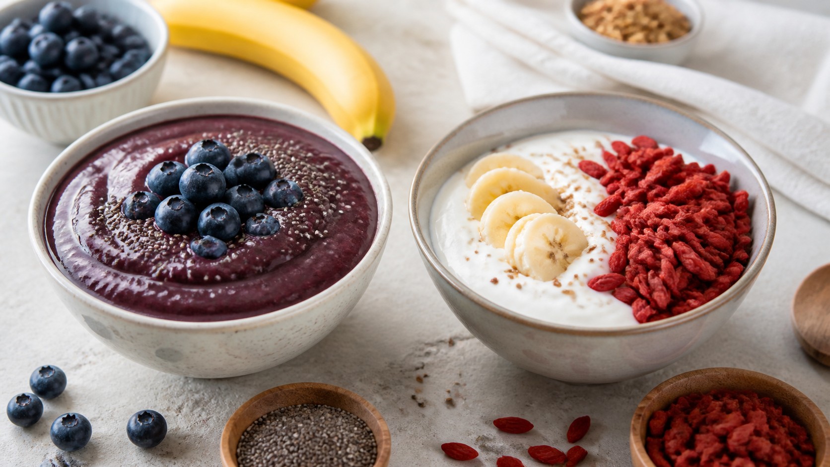 Acai puree bowl with blueberries beside a goji berry yogurt bowl with banana chia seeds and neutral breakfast ingredients