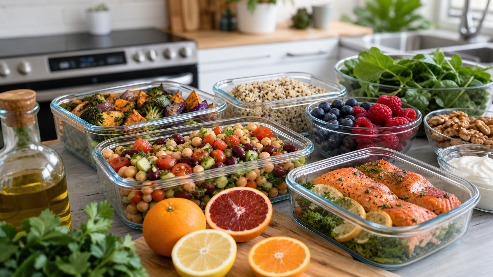 Meal prep containers with bean salad roasted vegetables quinoa berries salmon leafy greens yogurt walnuts olive oil and citrus