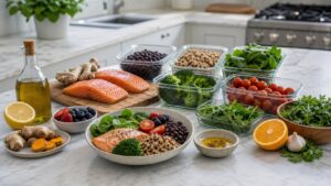 Anti-inflammatory meal prep with salmon beans quinoa greens berries broccoli tomatoes olive oil ginger turmeric and citrus