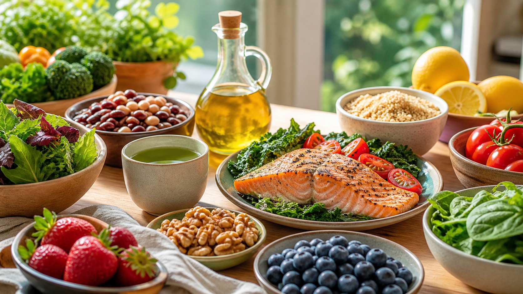 Salmon olive oil leafy greens berries beans walnuts tomatoes whole grains citrus and green tea on a sunlit table