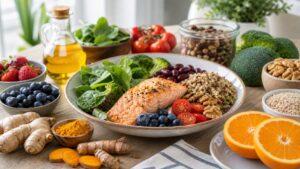 Salmon olive oil berries greens tomatoes turmeric ginger beans walnuts broccoli oranges and whole grains around a bowl