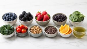 Small bowls of blueberries blackberries strawberries beans spinach kale tomatoes walnuts cocoa nibs oranges and green tea in a lineup