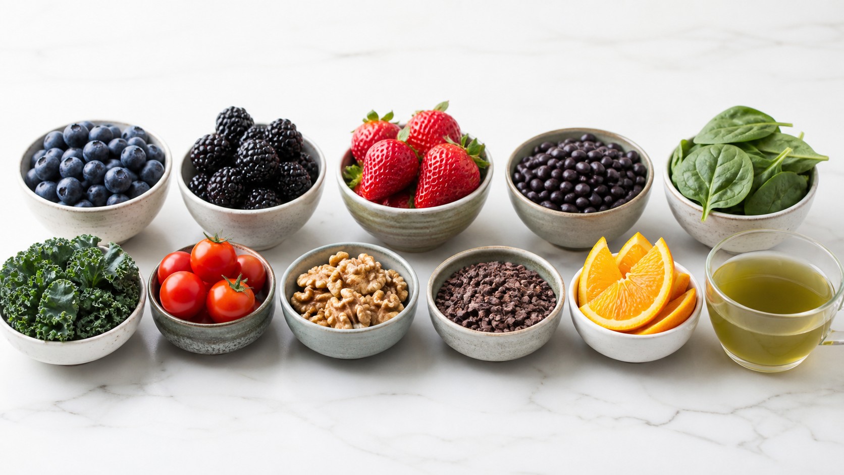 Small bowls of blueberries blackberries strawberries beans spinach kale tomatoes walnuts cocoa nibs oranges and green tea in a lineup