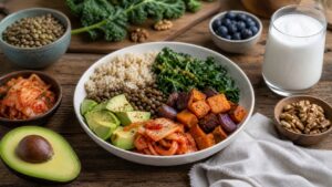 Brown rice lentil bowl with greens roasted vegetables avocado kimchi blueberries walnuts and kefir on a rustic table