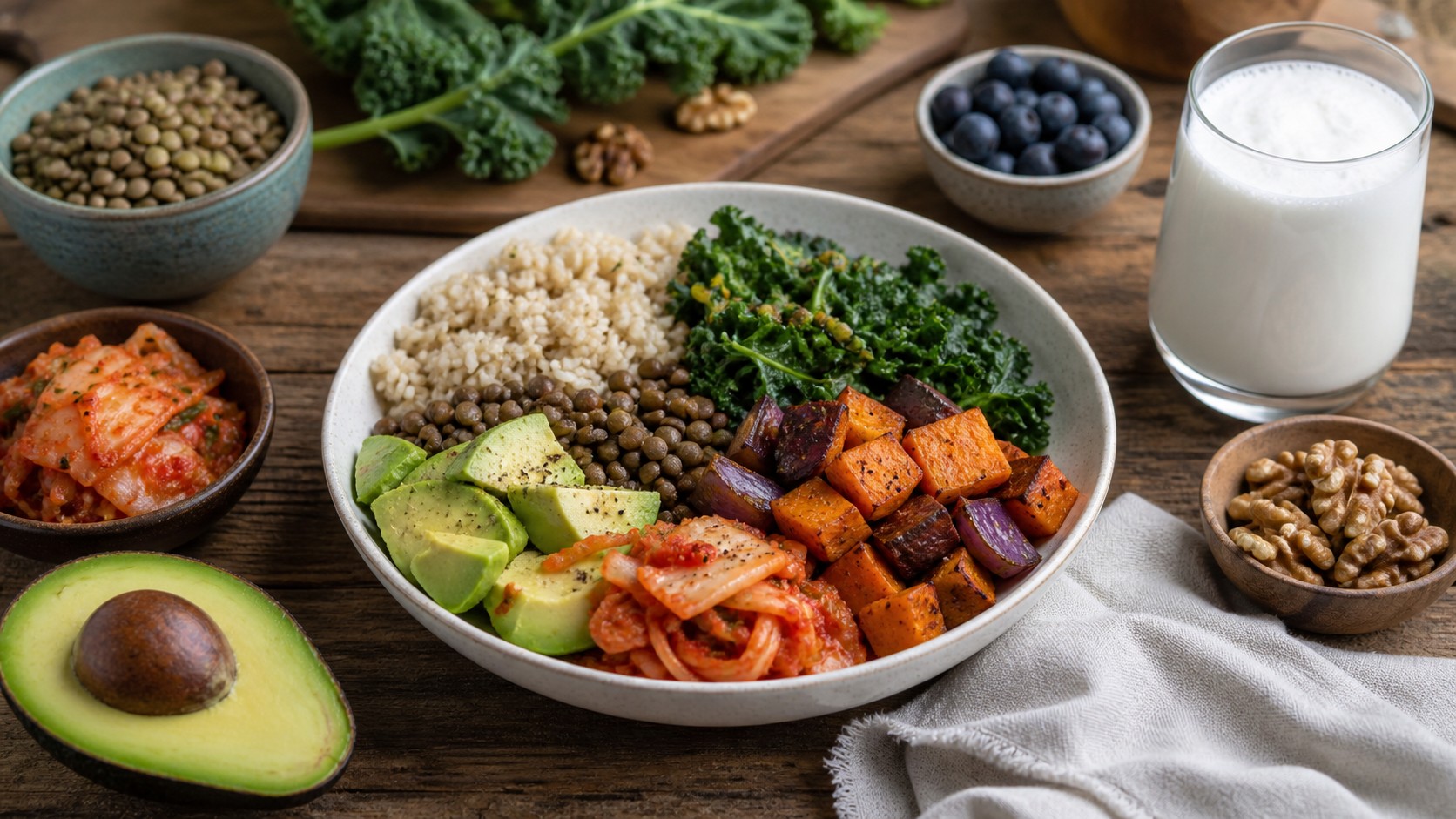 Brown rice lentil bowl with greens roasted vegetables avocado kimchi blueberries walnuts and kefir on a rustic table