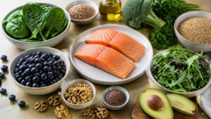 Leafy greens, blueberries, salmon, walnuts, avocado, olive oil, and whole grains arranged on a kitchen table