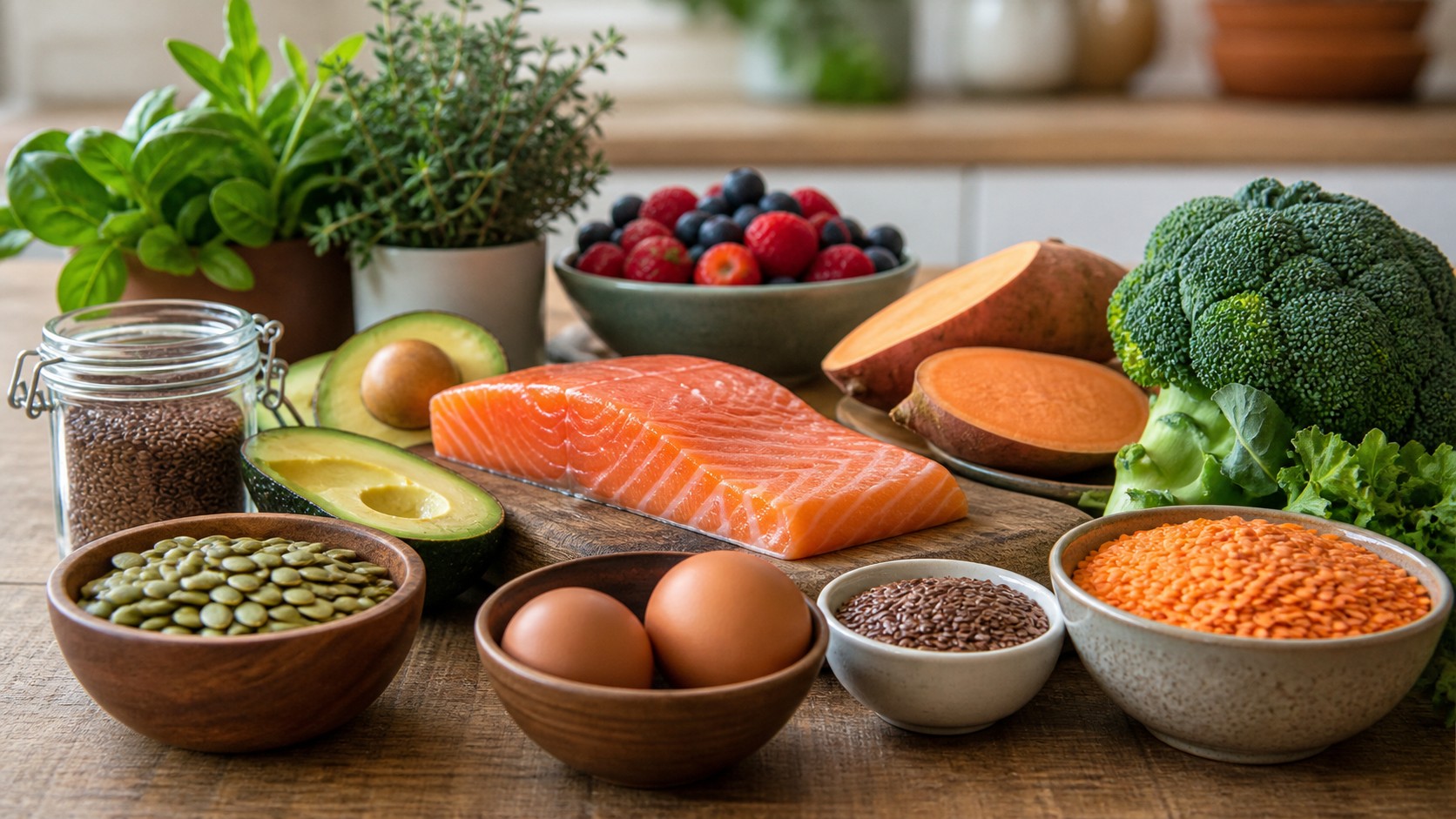 Salmon, eggs, lentils, flaxseed, broccoli, berries, sweet potatoes, avocado, pumpkin seeds, and herbs on a kitchen table