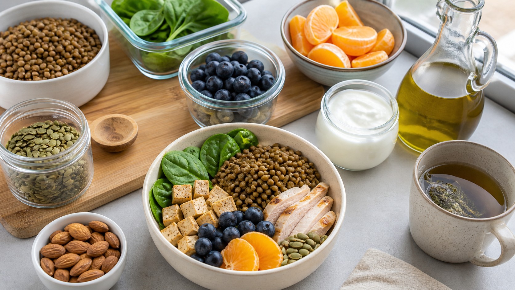 Grain bowl lentils spinach blueberries oranges pumpkin seeds almonds yogurt olive oil and herbal tea on a bright prep counter