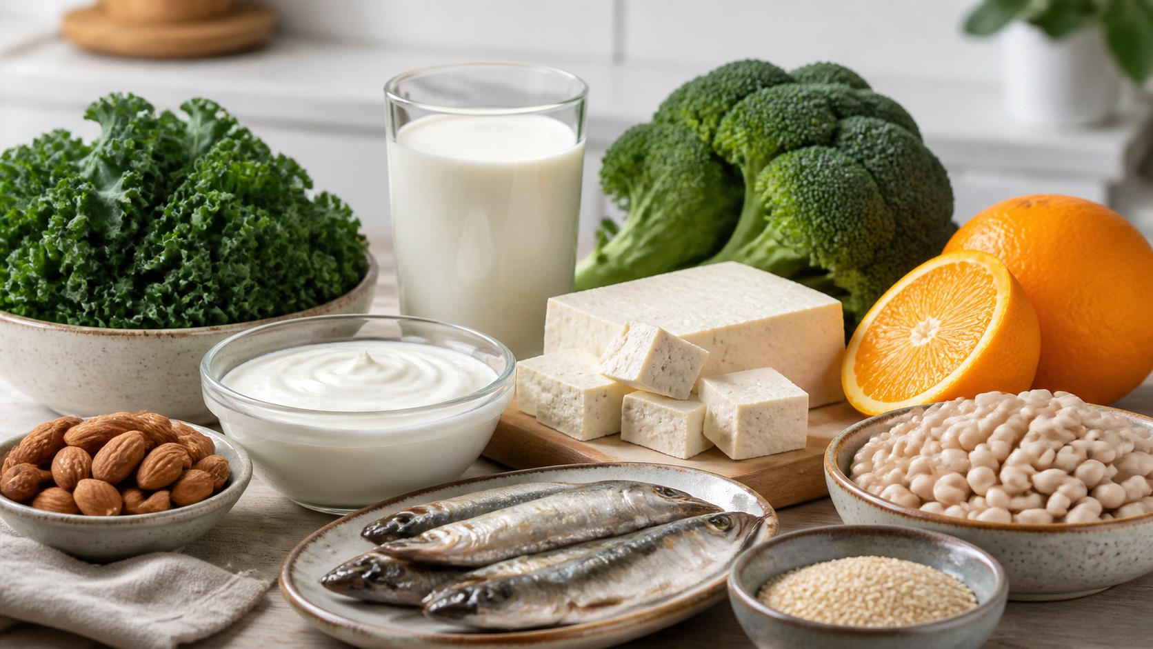 Calcium rich table with yogurt tofu sardines kale white beans almonds oranges and mushrooms in natural light
