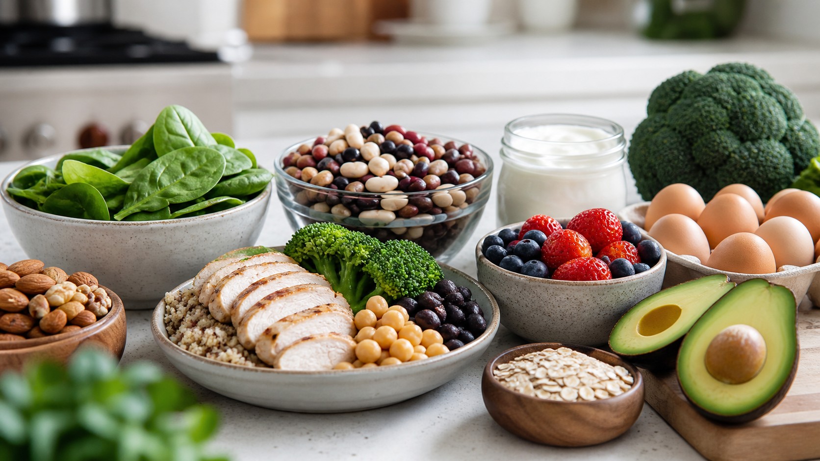Protein-rich bowl, beans, vegetables, yogurt, berries, eggs, avocado, oats, and nuts on a bright kitchen counter