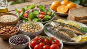 Oats, beans, almonds, leafy salad, tomatoes, oranges, grilled fish, olive oil, and whole-grain bread on a table