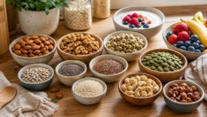 Bowls of almonds walnuts pistachios pumpkin seeds sunflower seeds chia flax sesame cashews hazelnuts yogurt and fruit on a wooden counter