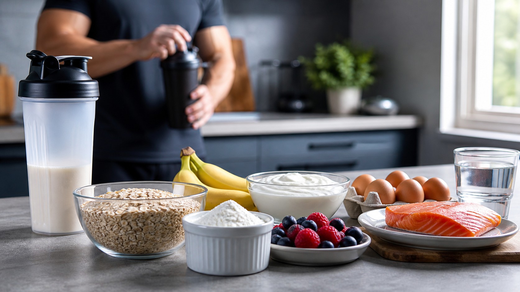 Athlete meal prep with shaker bottle creatine scoop bananas oats yogurt water bottle and running shoes nearby
