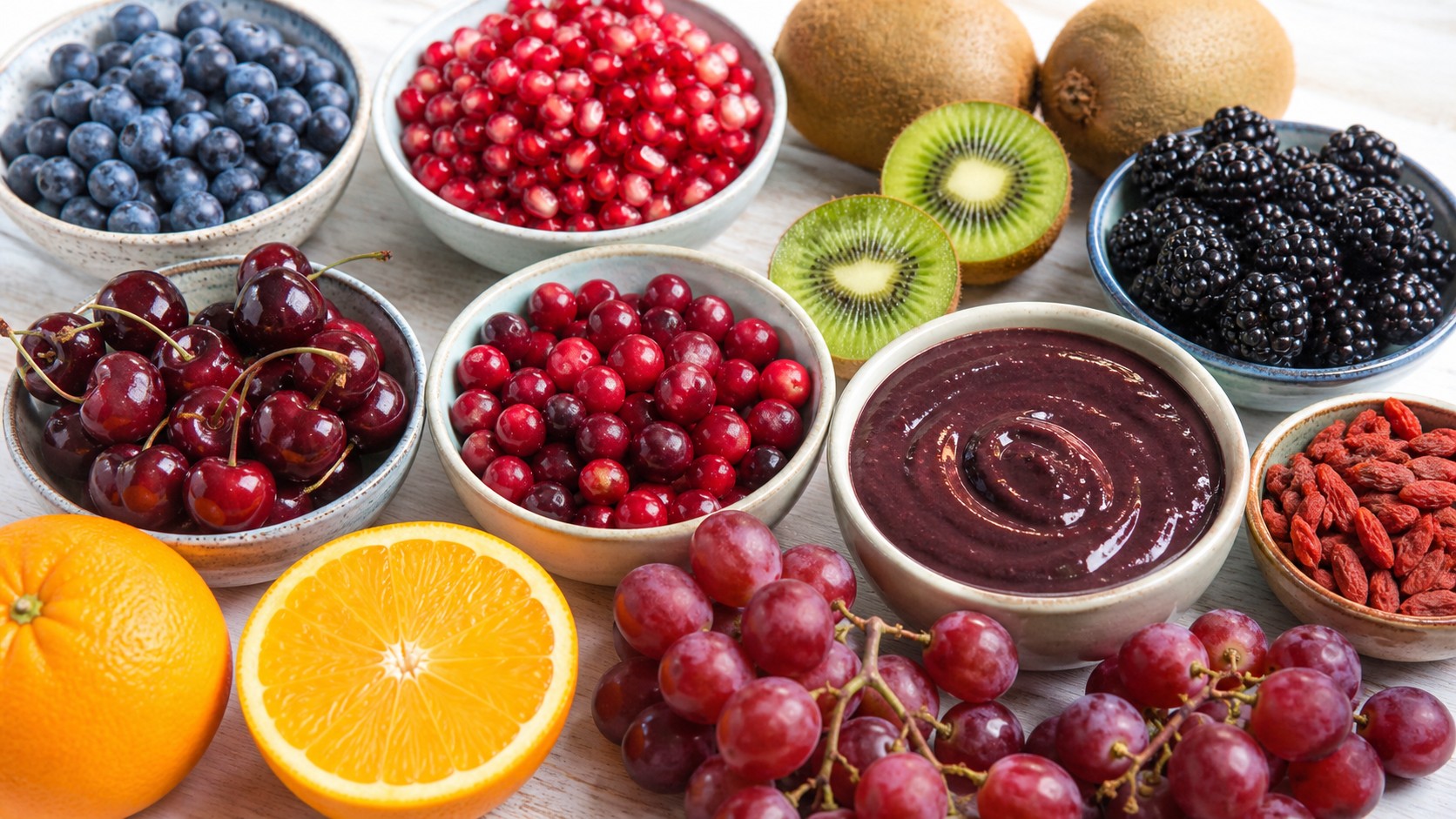 Bowls of blueberries pomegranate kiwi blackberries cherries cranberries acai puree goji berries oranges and grapes on a clean table
