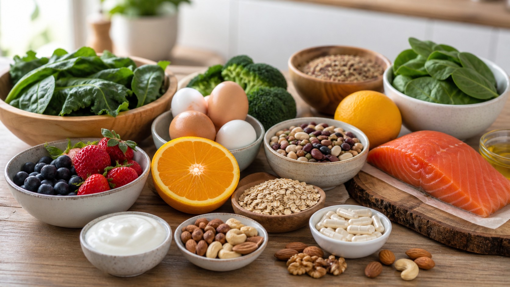 Greens eggs salmon beans yogurt citrus berries nuts seeds whole grains and plain capsules on a daylight kitchen table