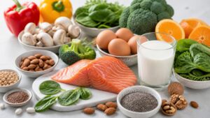 Vitamin D foods calcium rich foods citrus leafy greens nuts salmon eggs and plain supplement capsules without labels