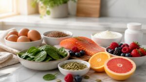 Eggs salmon lentils spinach pumpkin seeds citrus berries yogurt and plain supplement bottle on a bright kitchen counter