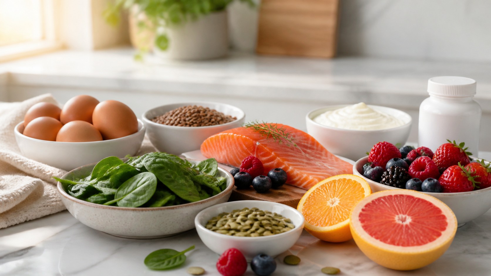 Eggs salmon lentils spinach pumpkin seeds citrus berries yogurt and plain supplement bottle on a bright kitchen counter