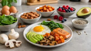Eggs almonds sweet potato mushrooms spinach sunflower seeds salmon avocado and berries around a breakfast plate