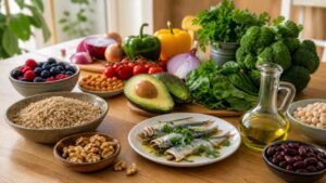 Vegetables, beans, whole grains, sardines, walnuts, avocado, and olive oil arranged on a kitchen counter